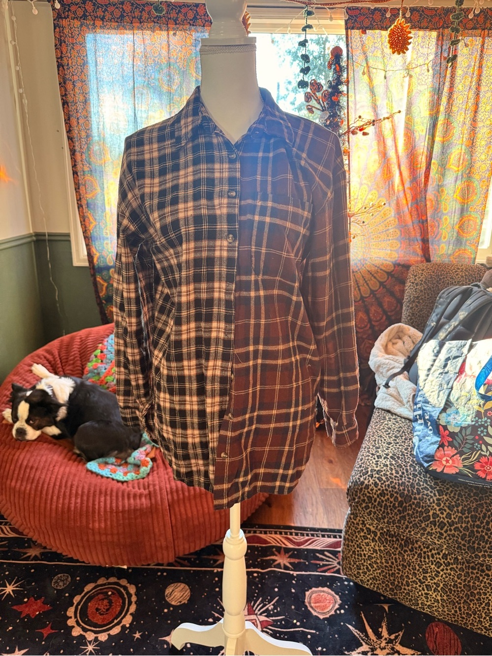 Men's Plaid Button-Up Shirt - Black and Brown